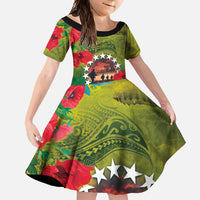 Cook Islands ANDAC Day Family Matching Tank Maxi Dress and Hawaiian Shirt Honor and Remember Soliders-Forever in My Thoughts Grunge Style LT03 Daughter's Dress Green-Yellow - Polynesian Pride