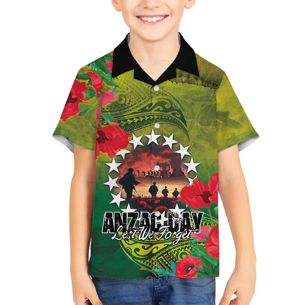 Cook Islands ANDAC Day Family Matching Tank Maxi Dress and Hawaiian Shirt Honor and Remember Soliders-Forever in My Thoughts Grunge Style LT03 Son's Shirt Green-Yellow - Polynesian Pride