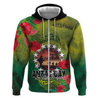 Cook Islands ANDAC Day Hoodie Honor and Remember Soliders-Forever in My Thoughts Grunge Style LT03 Zip Hoodie Green-Yellow - Polynesian Pride