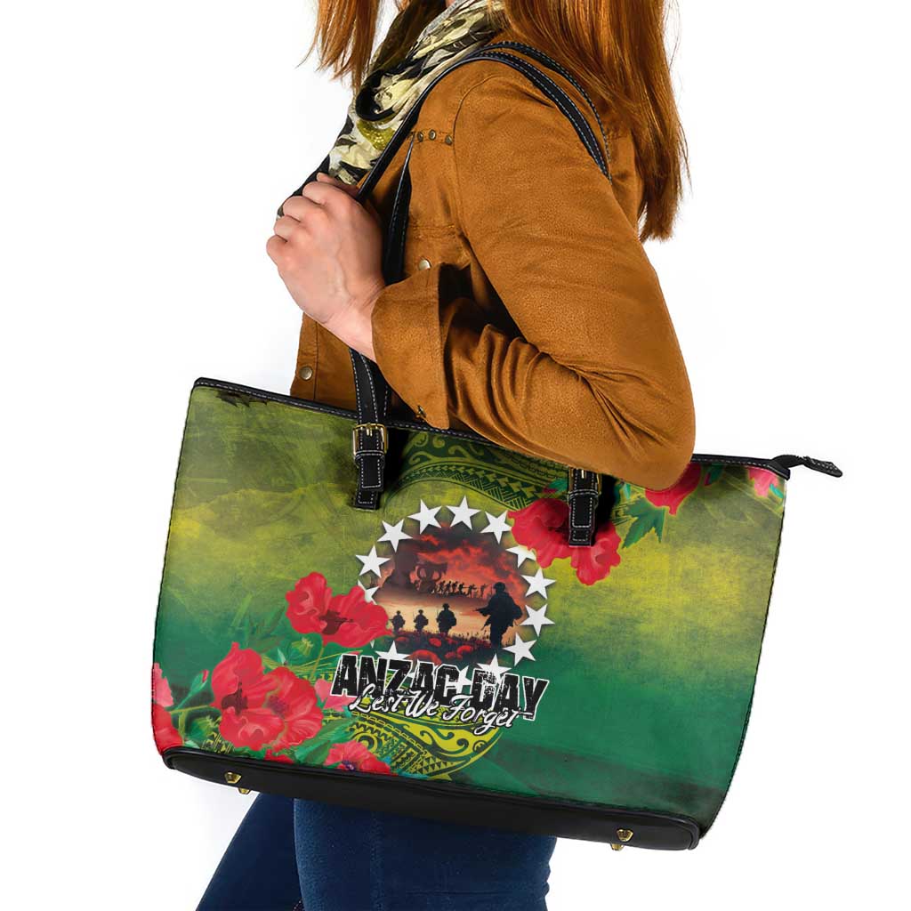Cook Islands ANDAC Day Leather Tote Bag Honor and Remember Soliders-Forever in My Thoughts Grunge Style