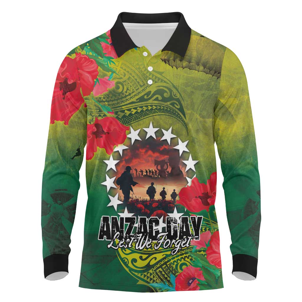 Cook Islands ANDAC Day Long Sleeve Polo Shirt Honor and Remember Soliders-Forever in My Thoughts Grunge Style