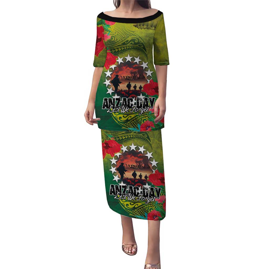 Cook Islands ANDAC Day Puletasi Honor and Remember Soliders-Forever in My Thoughts Grunge Style LT03 Long Dress Green-Yellow - Polynesian Pride