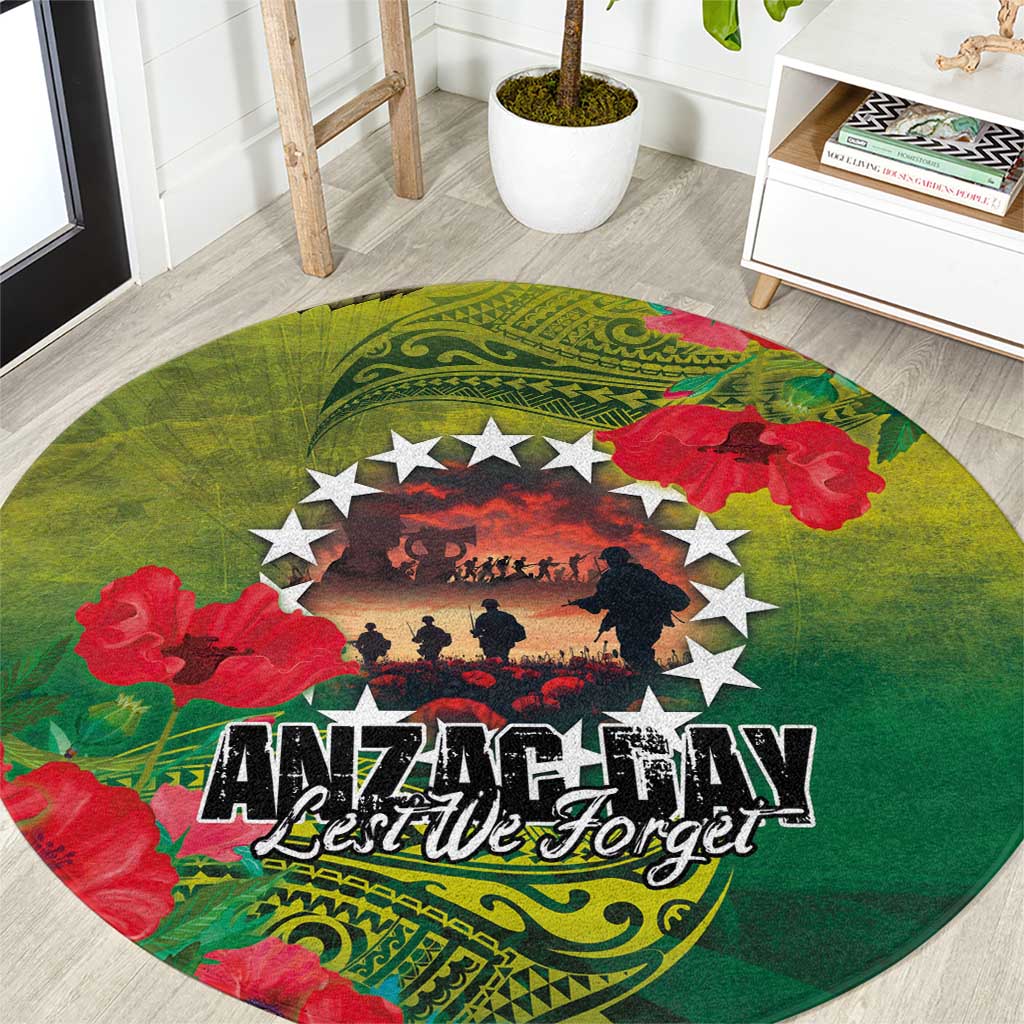Cook Islands ANDAC Day Round Carpet Honor and Remember Soliders-Forever in My Thoughts Grunge Style LT03 Green-Yellow - Polynesian Pride