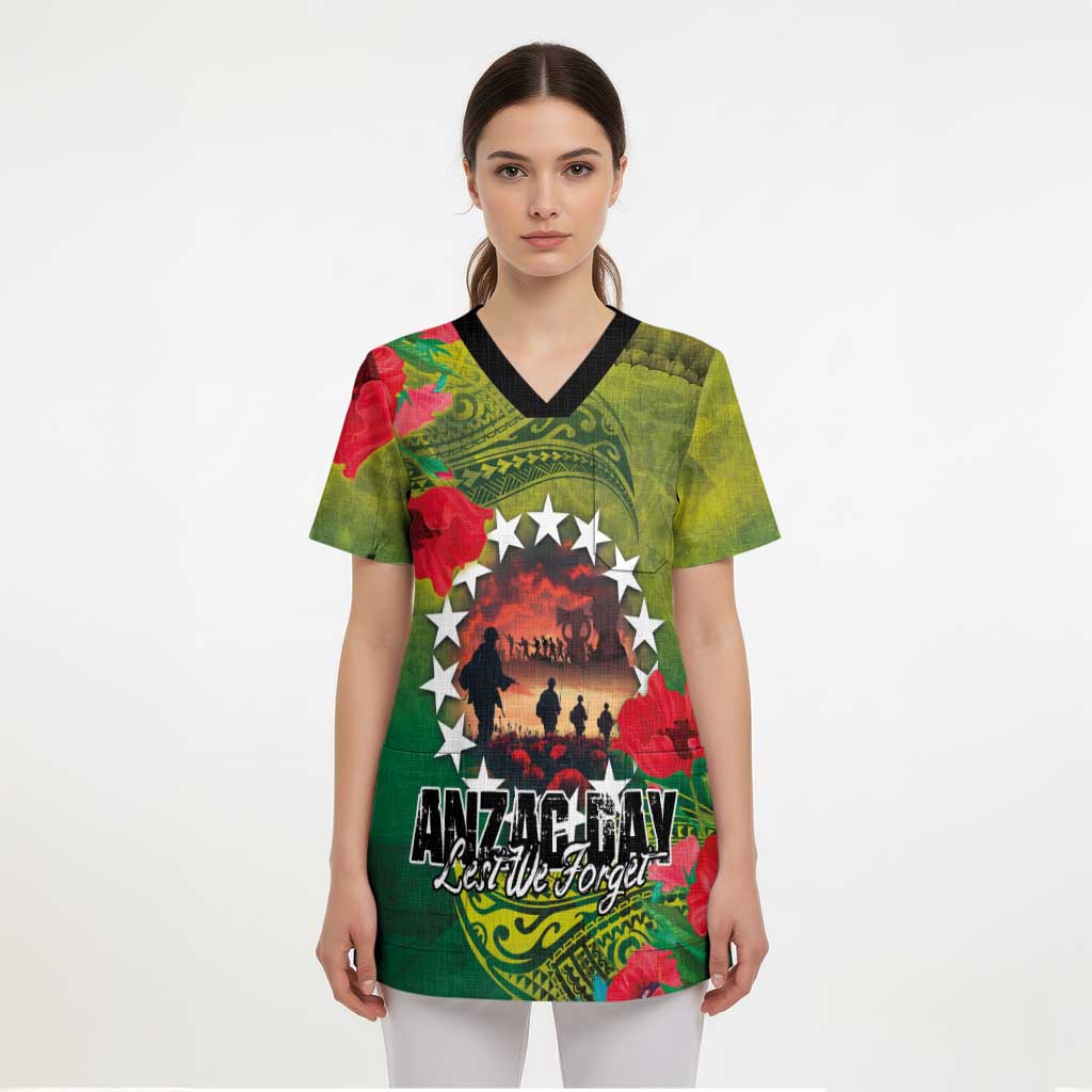 Cook Islands ANDAC Day Scrub Top Honor and Remember Soliders-Forever in My Thoughts Grunge Style - Polynesian Pride