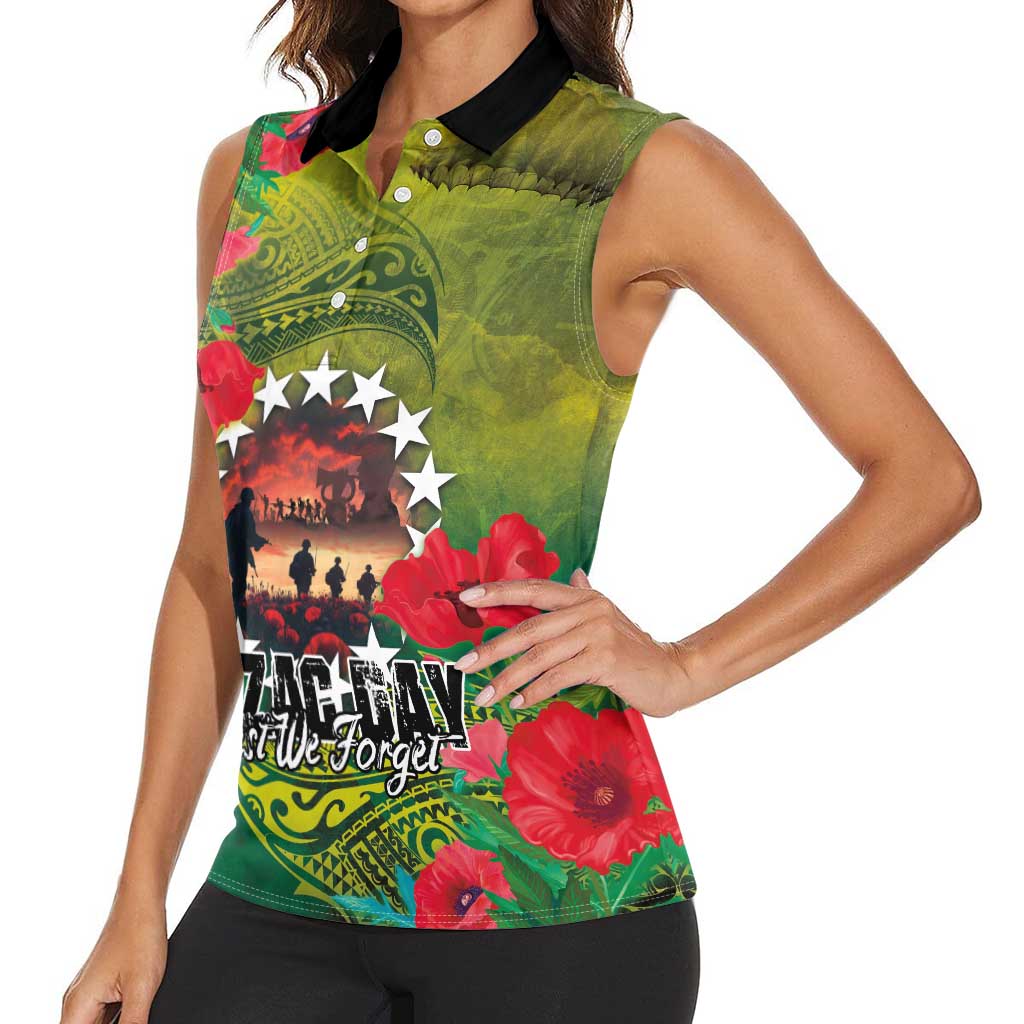 Cook Islands ANDAC Day Women Sleeveless Polo Shirt Honor and Remember Soliders-Forever in My Thoughts Grunge Style