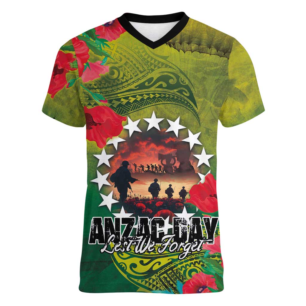 Cook Islands ANDAC Day Women V-Neck T-Shirt Honor and Remember Soliders-Forever in My Thoughts Grunge Style