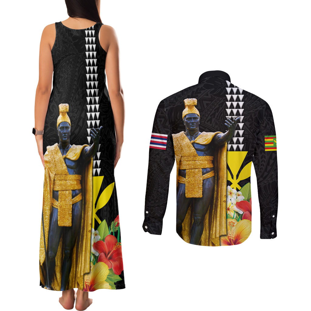 Hawaii King Kamehameha Day Couples Matching Tank Maxi Dress and Long Sleeve Button Shirt Kanaka Maoli Hibiscus Flower and Kakau Pattern