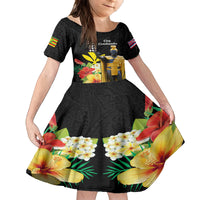 Hawaii King Kamehameha Day Family Matching Off The Shoulder Long Sleeve Dress and Hawaiian Shirt Kanaka Maoli Hibiscus Flower and Kakau Pattern LT03 Daughter's Dress Black - Polynesian Pride