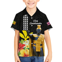 Hawaii King Kamehameha Day Family Matching Off The Shoulder Long Sleeve Dress and Hawaiian Shirt Kanaka Maoli Hibiscus Flower and Kakau Pattern LT03 Son's Shirt Black - Polynesian Pride