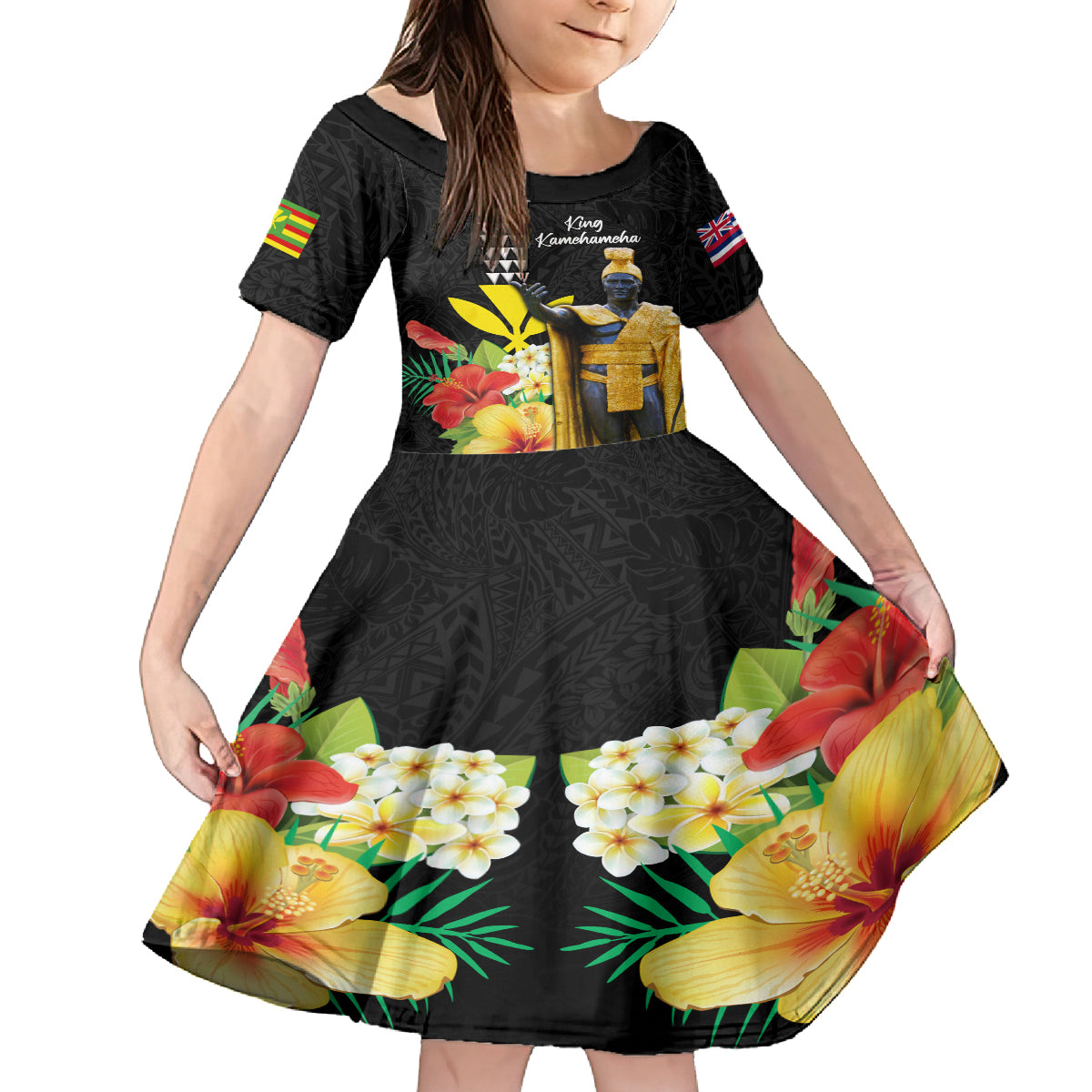 Hawaii King Kamehameha Day Family Matching Off Shoulder Short Dress and Hawaiian Shirt Kanaka Maoli Hibiscus Flower and Kakau Pattern LT03 Daughter's Dress Black - Polynesian Pride