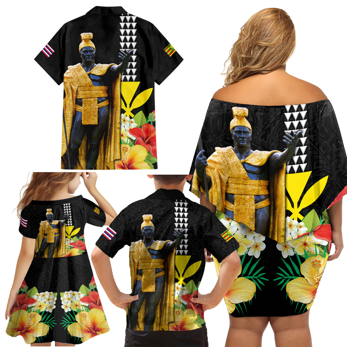Hawaii King Kamehameha Day Family Matching Off Shoulder Short Dress and Hawaiian Shirt Kanaka Maoli Hibiscus Flower and Kakau Pattern LT03 - Polynesian Pride