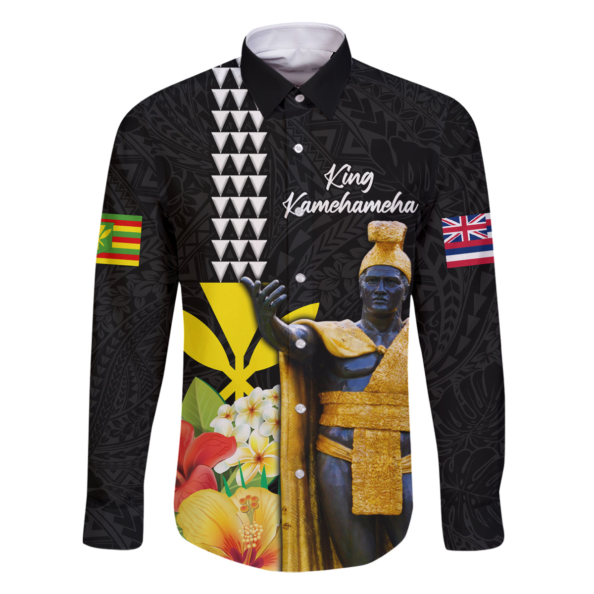 Hawaii King Kamehameha Day Family Matching Off Shoulder Short Dress and Hawaiian Shirt Kanaka Maoli Hibiscus Flower and Kakau Pattern LT03 Dad's Shirt - Long Sleeve Black - Polynesian Pride
