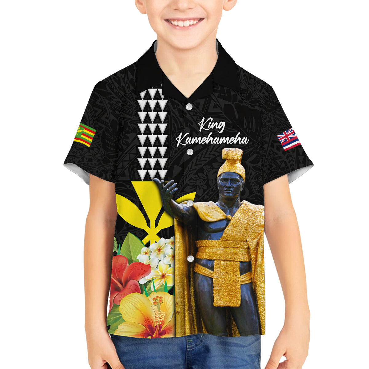 Hawaii King Kamehameha Day Family Matching Off Shoulder Short Dress and Hawaiian Shirt Kanaka Maoli Hibiscus Flower and Kakau Pattern LT03 Son's Shirt Black - Polynesian Pride