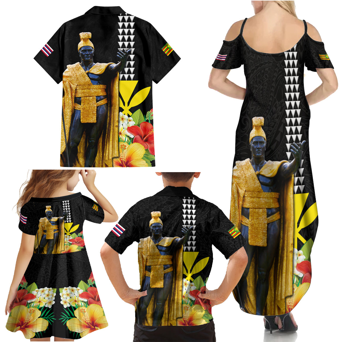Hawaii King Kamehameha Day Family Matching Summer Maxi Dress and Hawaiian Shirt Kanaka Maoli Hibiscus Flower and Kakau Pattern