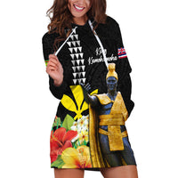 Hawaii King Kamehameha Day Hoodie Dress Kanaka Maoli Hibiscus Flower and Kakau Pattern LT03 Black - Polynesian Pride