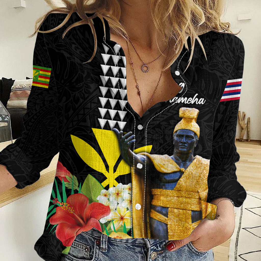 Hawaii King Kamehameha Day Women Casual Shirt Kanaka Maoli Hibiscus Flower and Kakau Pattern LT03 Female Black - Polynesian Pride
