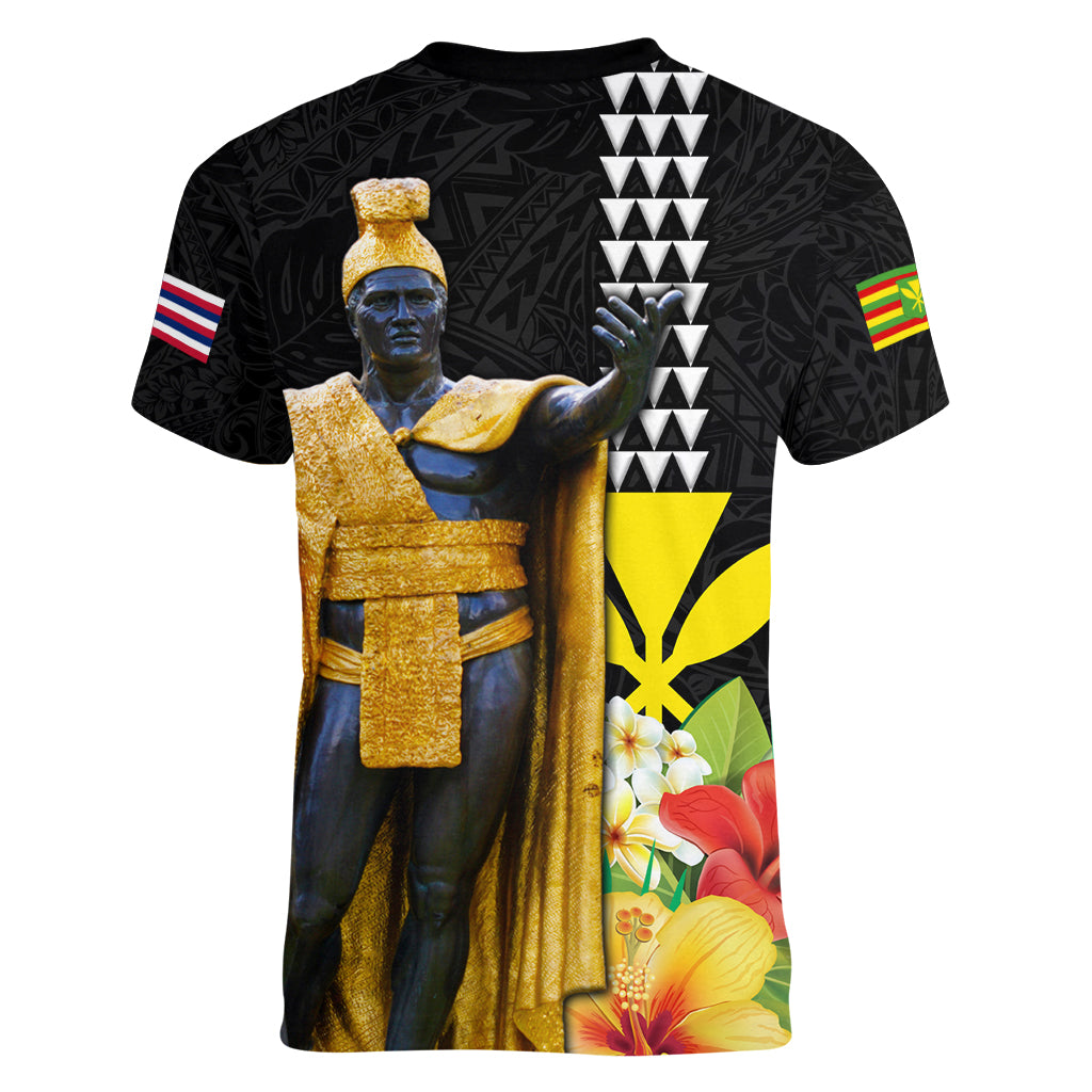 Hawaii King Kamehameha Day Women V-Neck T-Shirt Kanaka Maoli Hibiscus Flower and Kakau Pattern