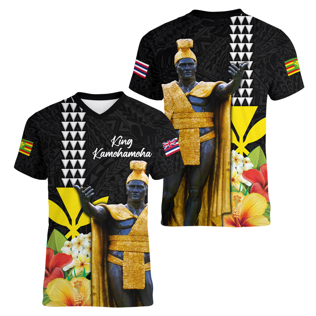 Hawaii King Kamehameha Day Women V-Neck T-Shirt Kanaka Maoli Hibiscus Flower and Kakau Pattern