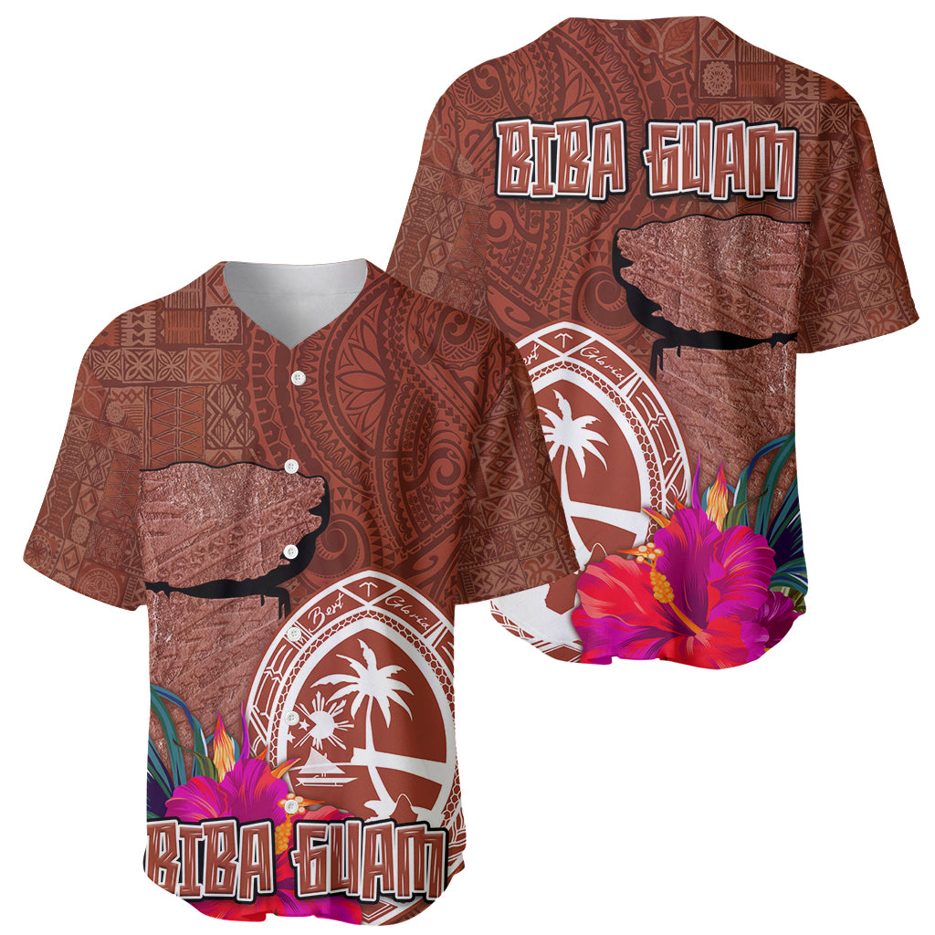 Chamorro Biba Guam Baseball Jersey Latte Stone Tribal and Hibiscus Flower Tapa Pattern