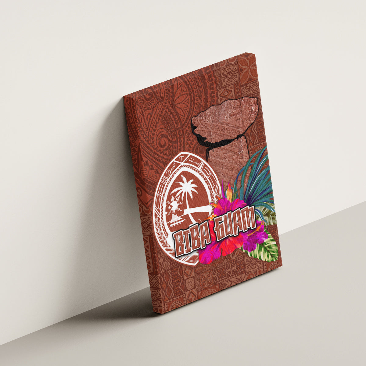 Chamorro Biba Guam Canvas Wall Art Latte Stone Tribal and Hibiscus Flower Tapa Pattern