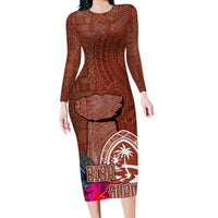 Chamorro Biba Guam Family Matching Long Sleeve Bodycon Dress and Hawaiian Shirt Latte Stone Tribal and Hibiscus Flower Tapa Pattern LT03 Mom's Dress Brown - Polynesian Pride