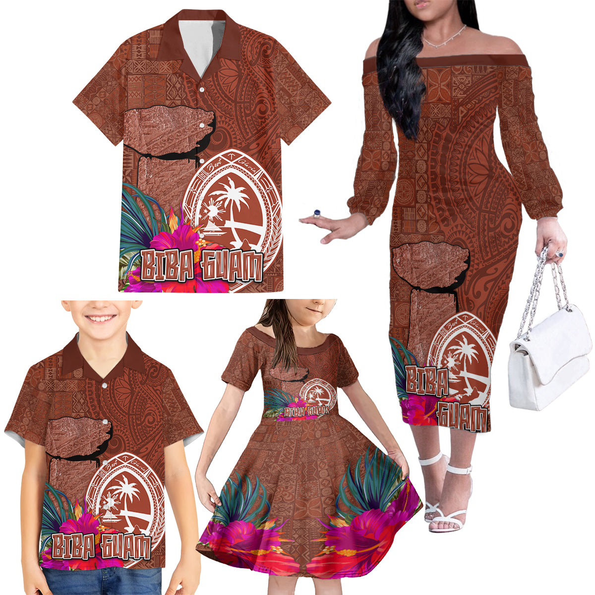 Chamorro Biba Guam Family Matching Off The Shoulder Long Sleeve Dress and Hawaiian Shirt Latte Stone Tribal and Hibiscus Flower Tapa Pattern LT03 - Polynesian Pride