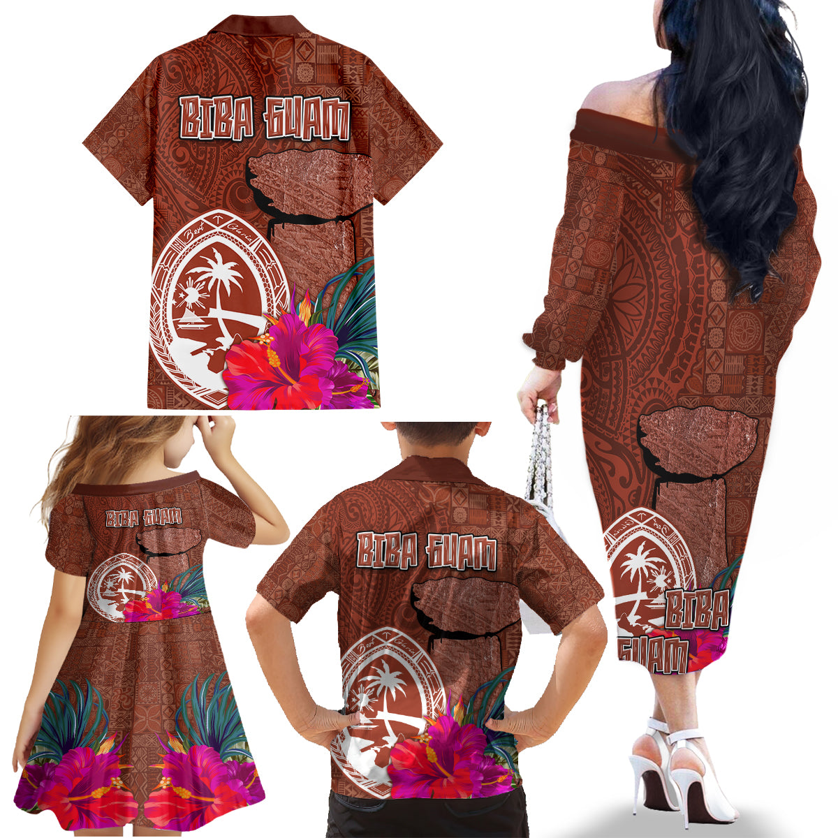 Chamorro Biba Guam Family Matching Off The Shoulder Long Sleeve Dress and Hawaiian Shirt Latte Stone Tribal and Hibiscus Flower Tapa Pattern LT03 - Polynesian Pride