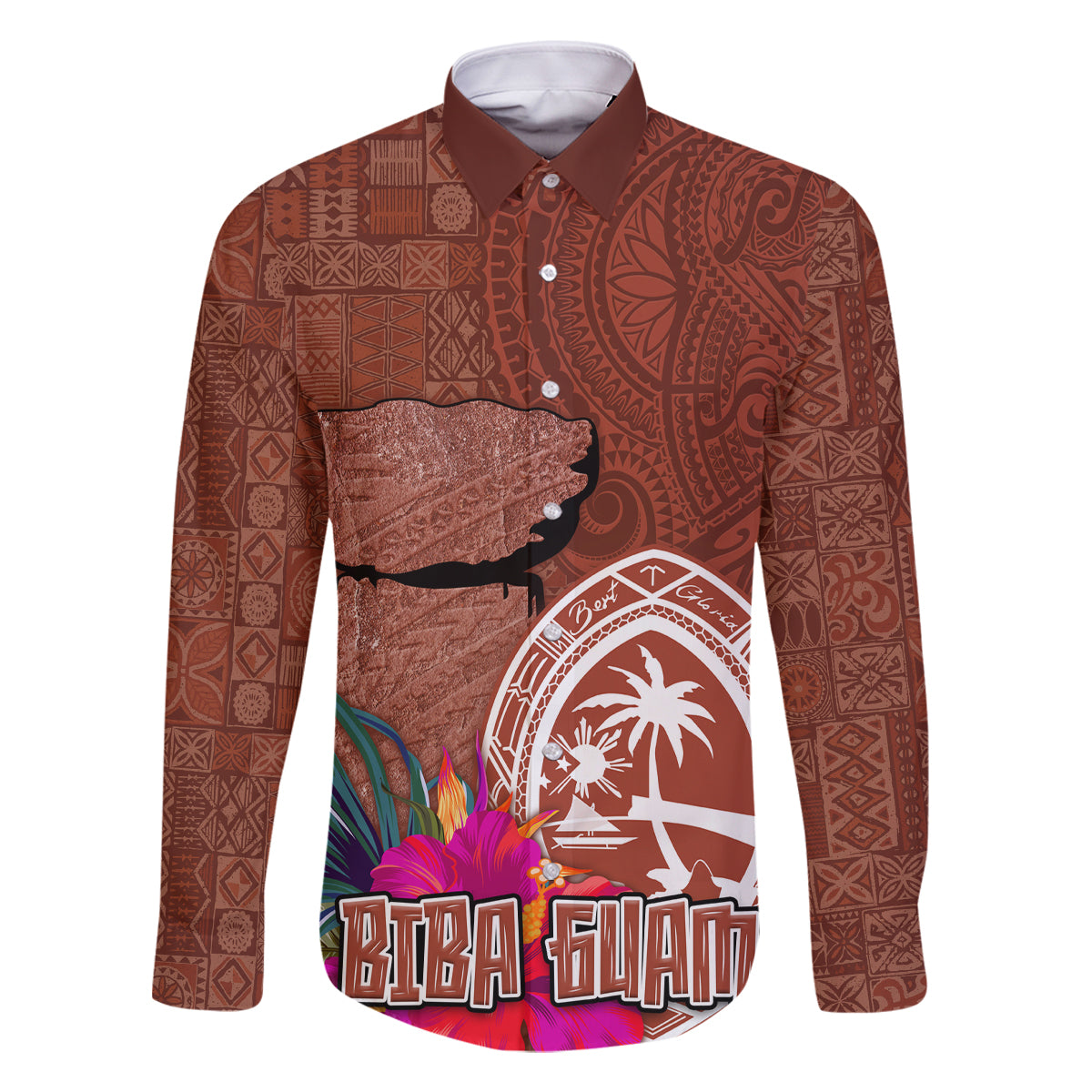 Chamorro Biba Guam Family Matching Off The Shoulder Long Sleeve Dress and Hawaiian Shirt Latte Stone Tribal and Hibiscus Flower Tapa Pattern LT03 Dad's Shirt - Long Sleeve Brown - Polynesian Pride
