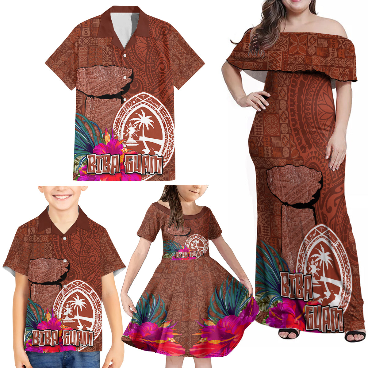 Chamorro Biba Guam Family Matching Off Shoulder Maxi Dress and Hawaiian Shirt Latte Stone Tribal and Hibiscus Flower Tapa Pattern LT03 - Polynesian Pride