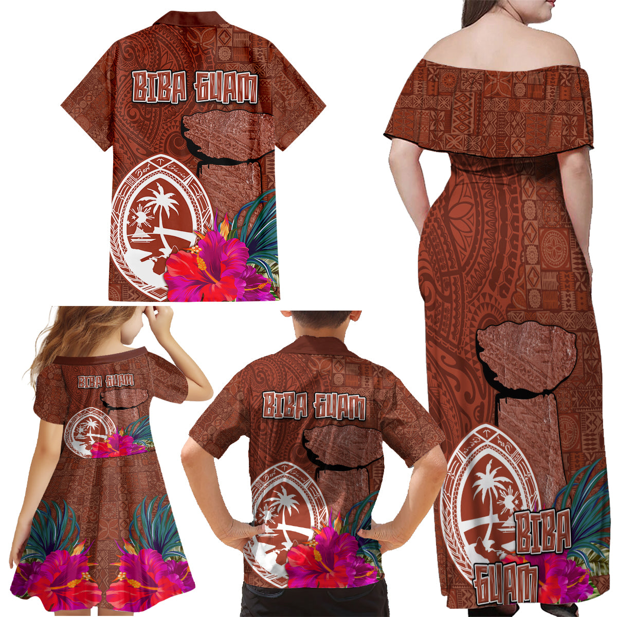 Chamorro Biba Guam Family Matching Off Shoulder Maxi Dress and Hawaiian Shirt Latte Stone Tribal and Hibiscus Flower Tapa Pattern LT03 - Polynesian Pride