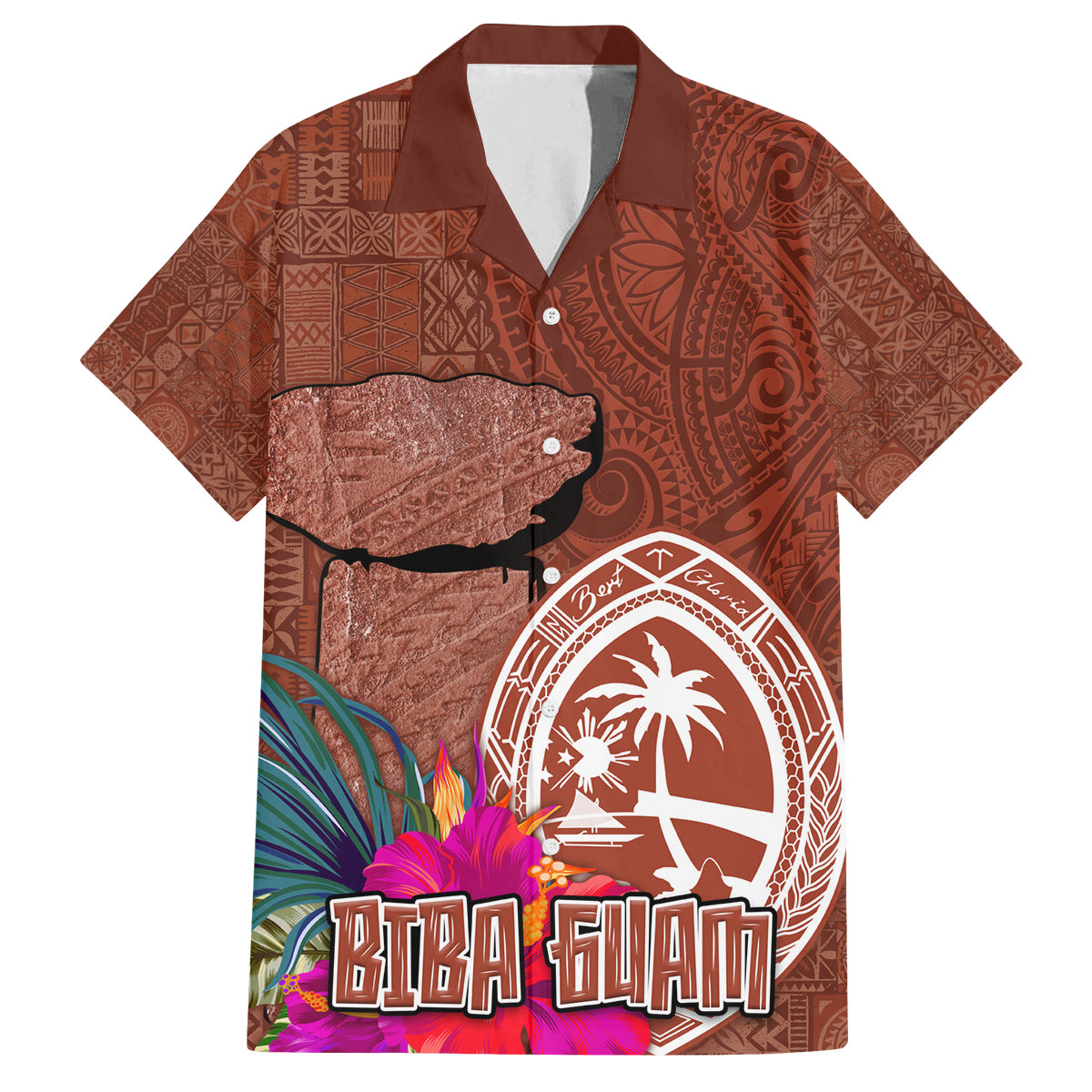 Chamorro Biba Guam Family Matching Off Shoulder Maxi Dress and Hawaiian Shirt Latte Stone Tribal and Hibiscus Flower Tapa Pattern LT03 Dad's Shirt - Short Sleeve Brown - Polynesian Pride