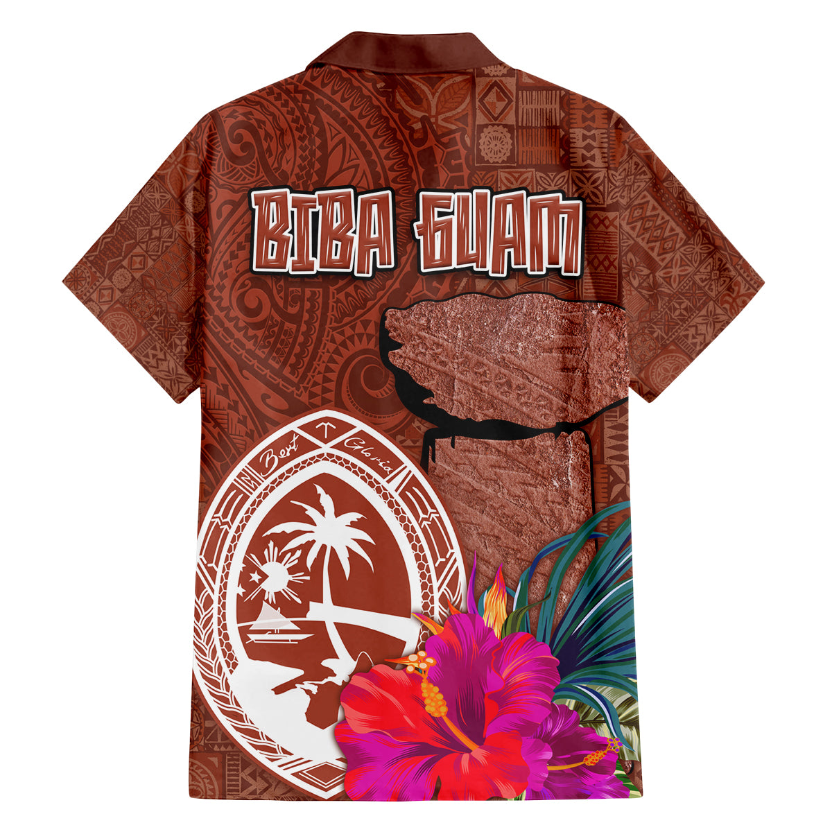 Chamorro Biba Guam Family Matching Off Shoulder Maxi Dress and Hawaiian Shirt Latte Stone Tribal and Hibiscus Flower Tapa Pattern LT03 - Polynesian Pride