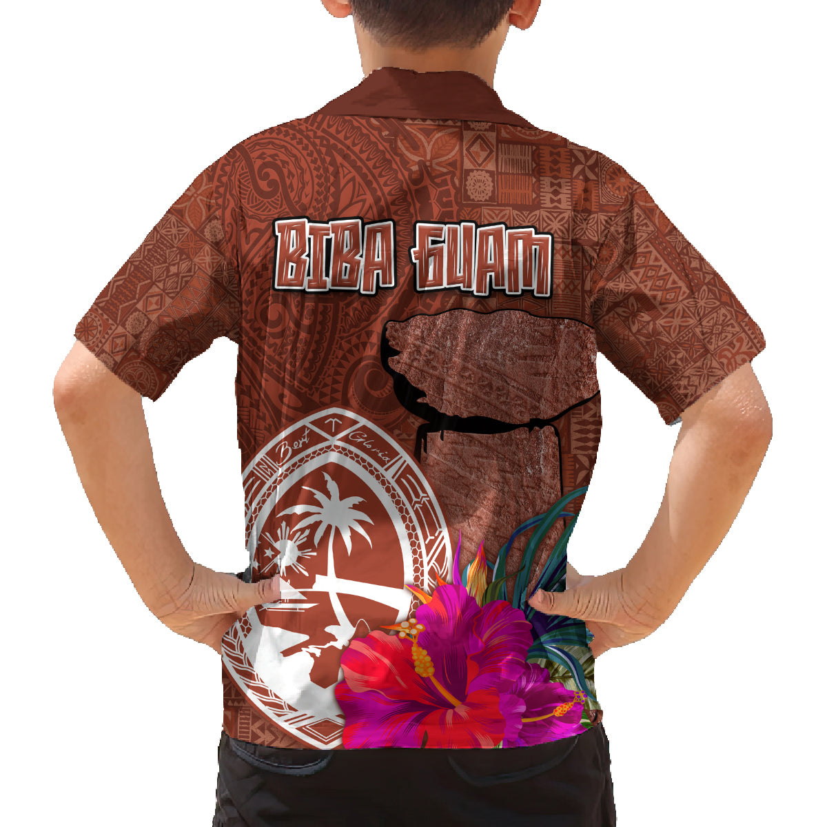 Chamorro Biba Guam Family Matching Off Shoulder Short Dress and Hawaiian Shirt Latte Stone Tribal and Hibiscus Flower Tapa Pattern LT03 - Polynesian Pride