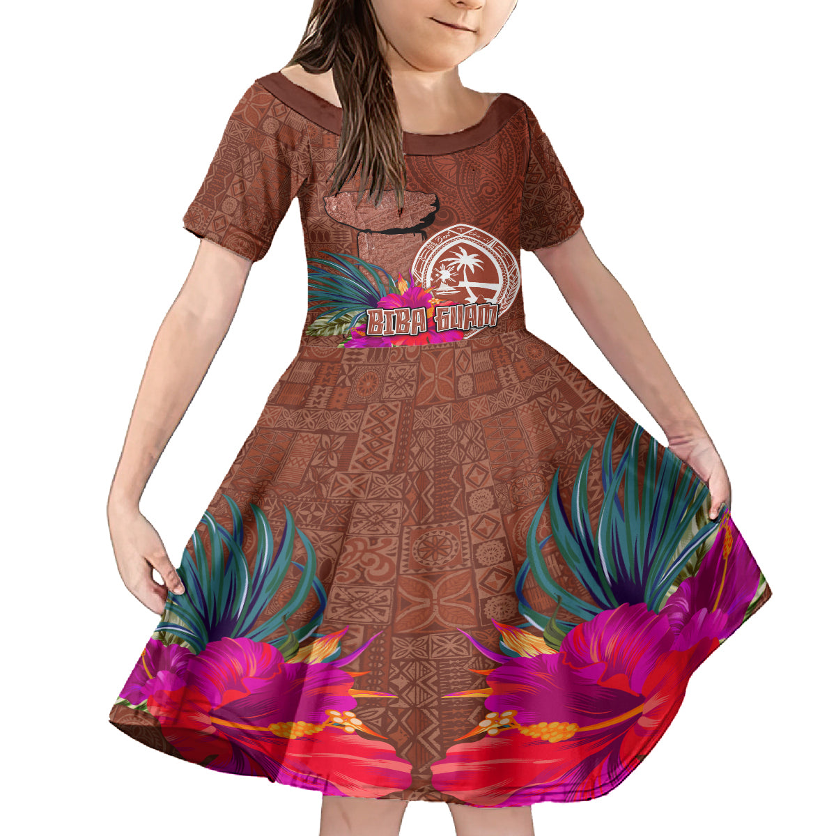 Chamorro Biba Guam Family Matching Off Shoulder Short Dress and Hawaiian Shirt Latte Stone Tribal and Hibiscus Flower Tapa Pattern LT03 Daughter's Dress Brown - Polynesian Pride