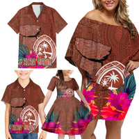 Chamorro Biba Guam Family Matching Off Shoulder Short Dress and Hawaiian Shirt Latte Stone Tribal and Hibiscus Flower Tapa Pattern LT03 - Polynesian Pride