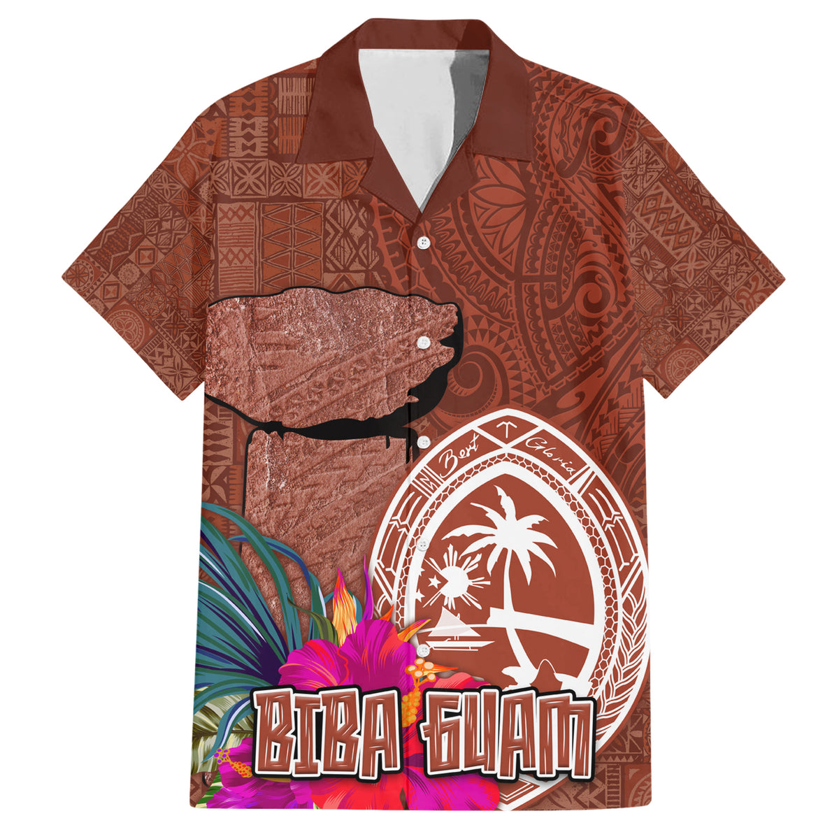 Chamorro Biba Guam Family Matching Short Sleeve Bodycon Dress and Hawaiian Shirt Latte Stone Tribal and Hibiscus Flower Tapa Pattern LT03 Dad's Shirt - Short Sleeve Brown - Polynesian Pride