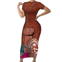Chamorro Biba Guam Family Matching Short Sleeve Bodycon Dress and Hawaiian Shirt Latte Stone Tribal and Hibiscus Flower Tapa Pattern LT03 Mom's Dress Brown - Polynesian Pride