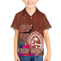 Chamorro Biba Guam Family Matching Short Sleeve Bodycon Dress and Hawaiian Shirt Latte Stone Tribal and Hibiscus Flower Tapa Pattern LT03 Son's Shirt Brown - Polynesian Pride