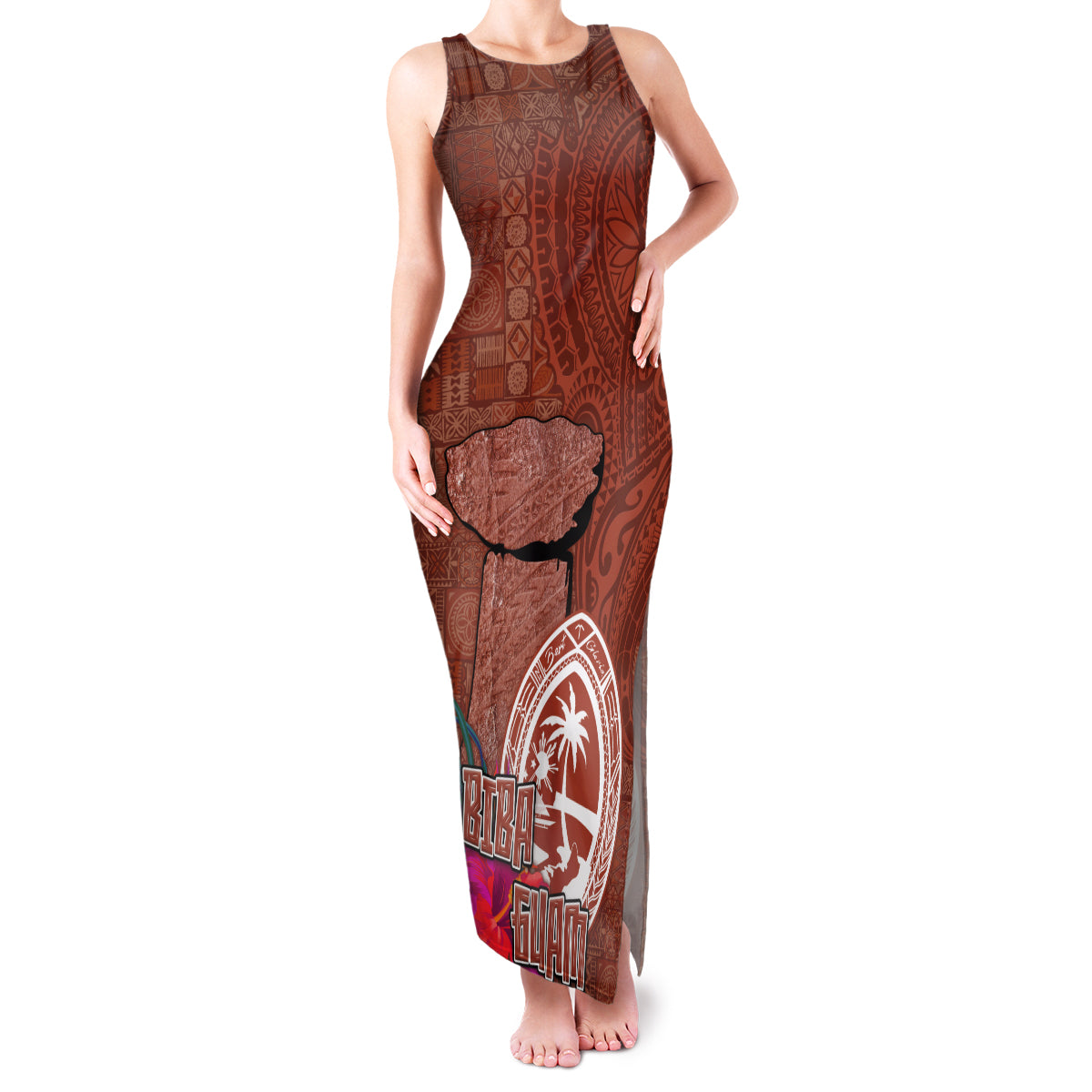 Chamorro Biba Guam Family Matching Tank Maxi Dress and Hawaiian Shirt Latte Stone Tribal and Hibiscus Flower Tapa Pattern LT03 Mom's Dress Brown - Polynesian Pride