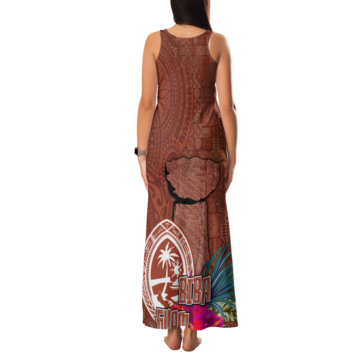 Chamorro Biba Guam Family Matching Tank Maxi Dress and Hawaiian Shirt Latte Stone Tribal and Hibiscus Flower Tapa Pattern LT03 - Polynesian Pride