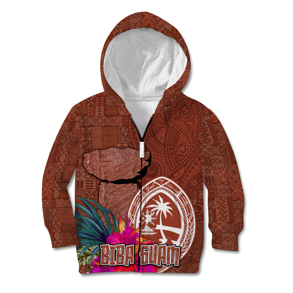 Chamorro Biba Guam Kid Hoodie Latte Stone Tribal and Hibiscus Flower Tapa Pattern