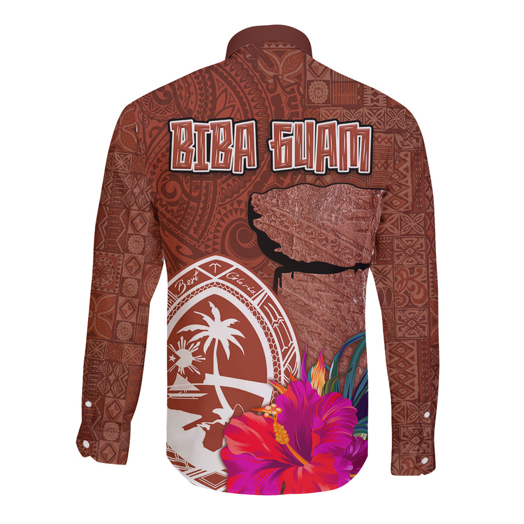 Chamorro Biba Guam Long Sleeve Button Shirt Latte Stone Tribal and Hibiscus Flower Tapa Pattern