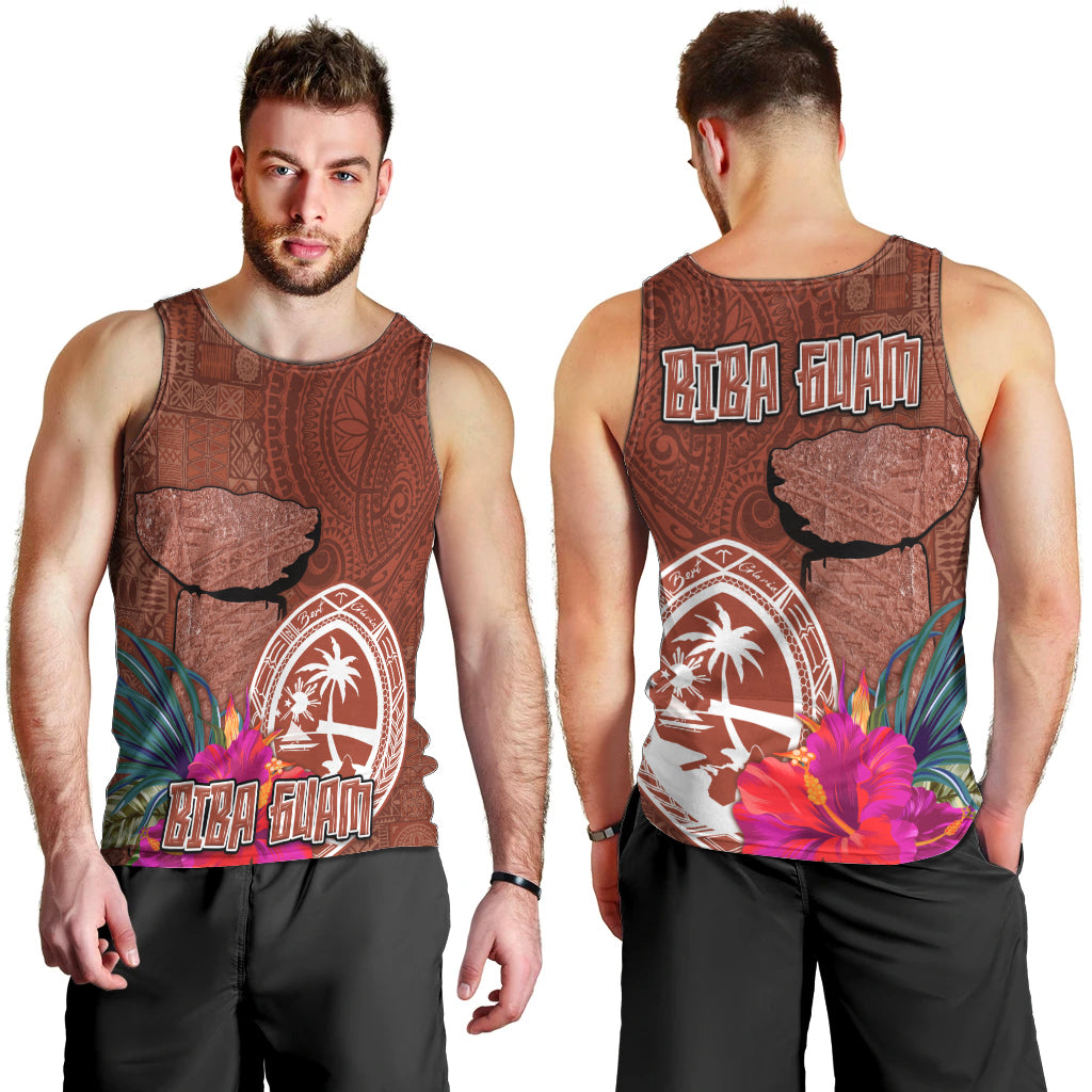 Chamorro Biba Guam Men Tank Top Latte Stone Tribal and Hibiscus Flower Tapa Pattern