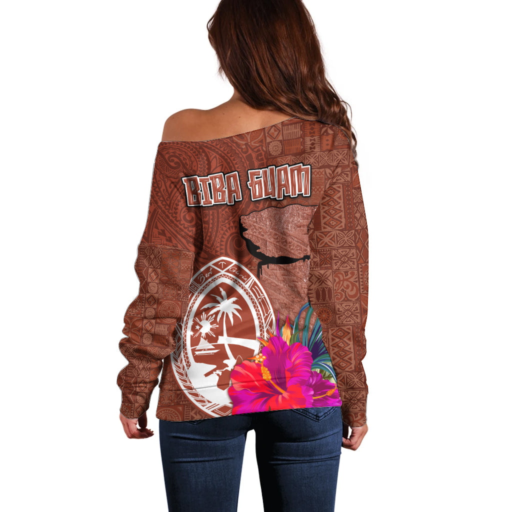 Chamorro Biba Guam Off Shoulder Sweater Latte Stone Tribal and Hibiscus Flower Tapa Pattern