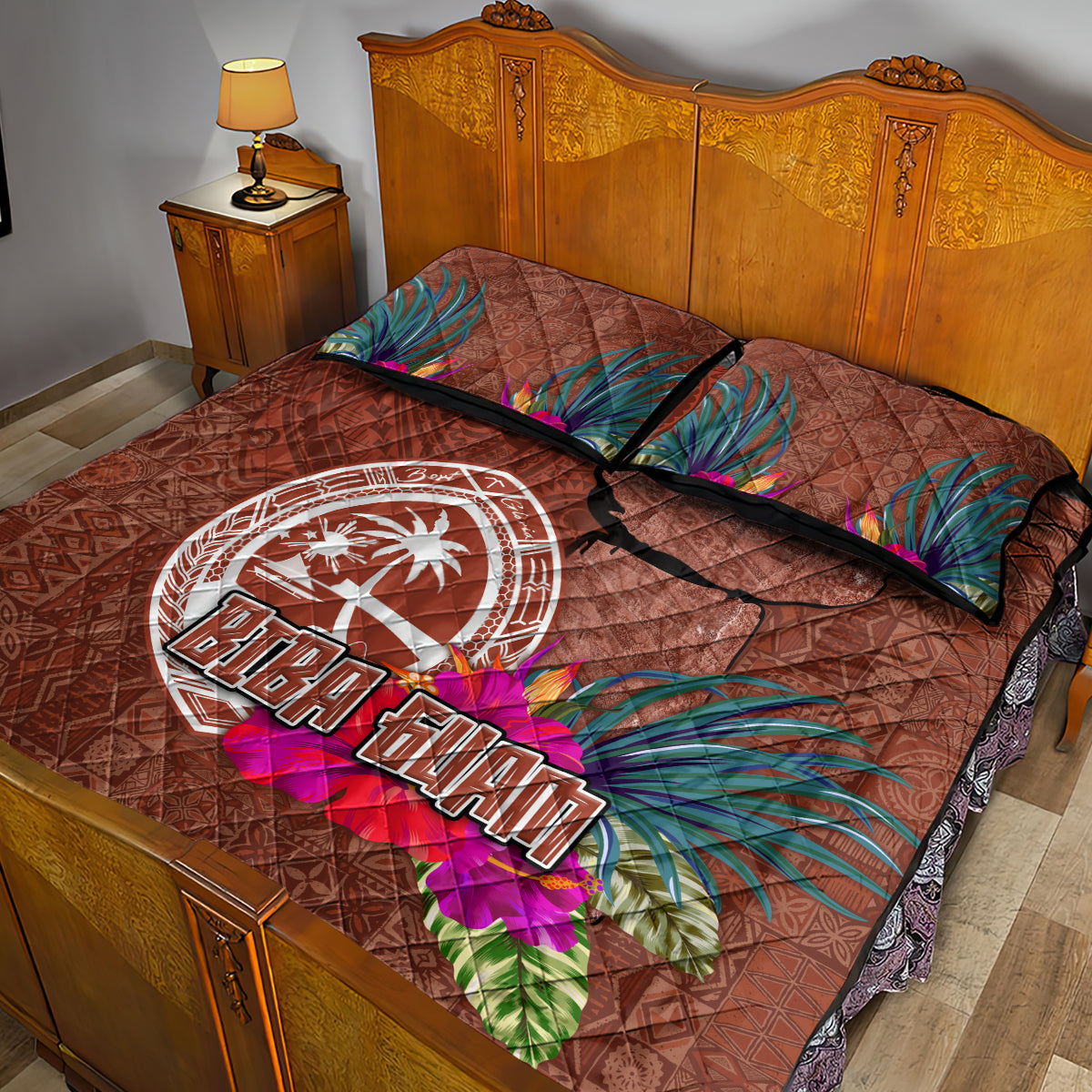 Chamorro Biba Guam Quilt Bed Set Latte Stone Tribal and Hibiscus Flower Tapa Pattern