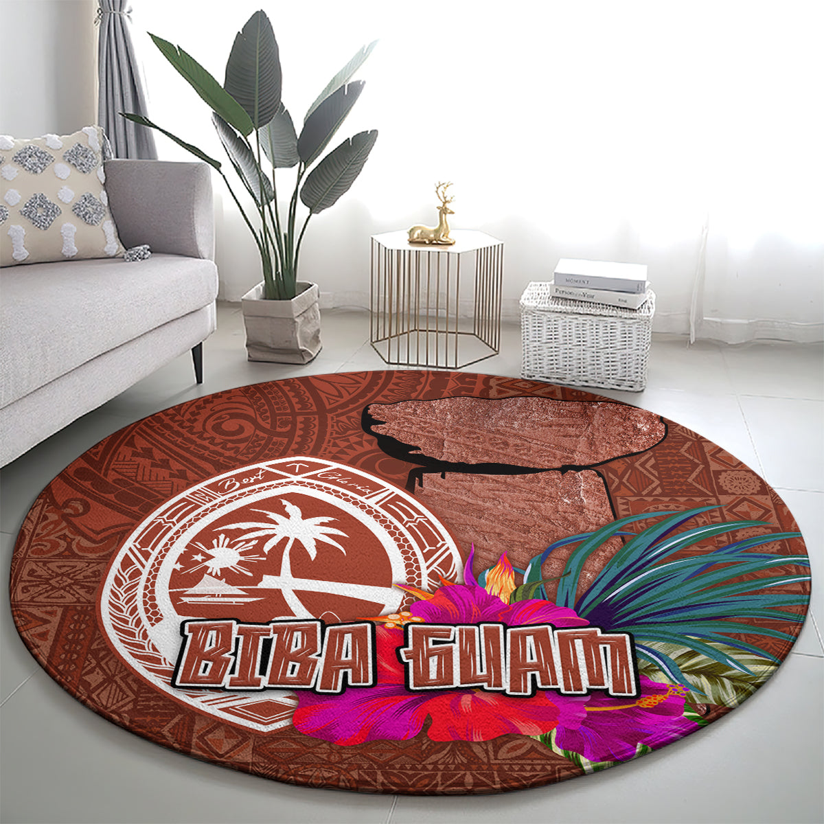 Chamorro Biba Guam Round Carpet Latte Stone Tribal and Hibiscus Flower Tapa Pattern