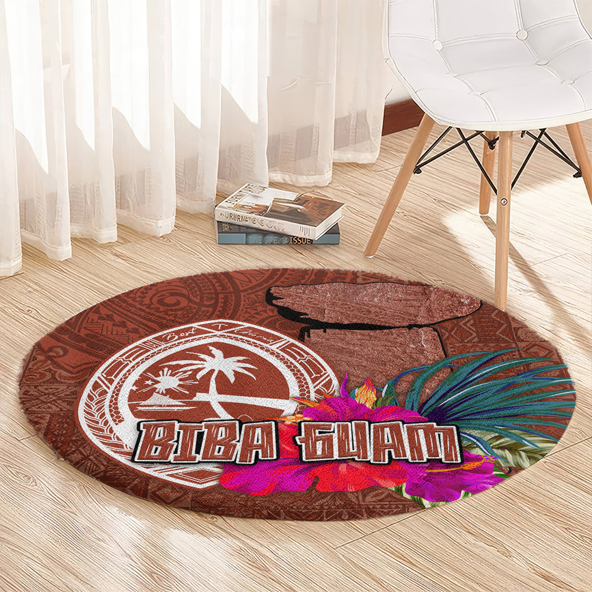 Chamorro Biba Guam Round Carpet Latte Stone Tribal and Hibiscus Flower Tapa Pattern