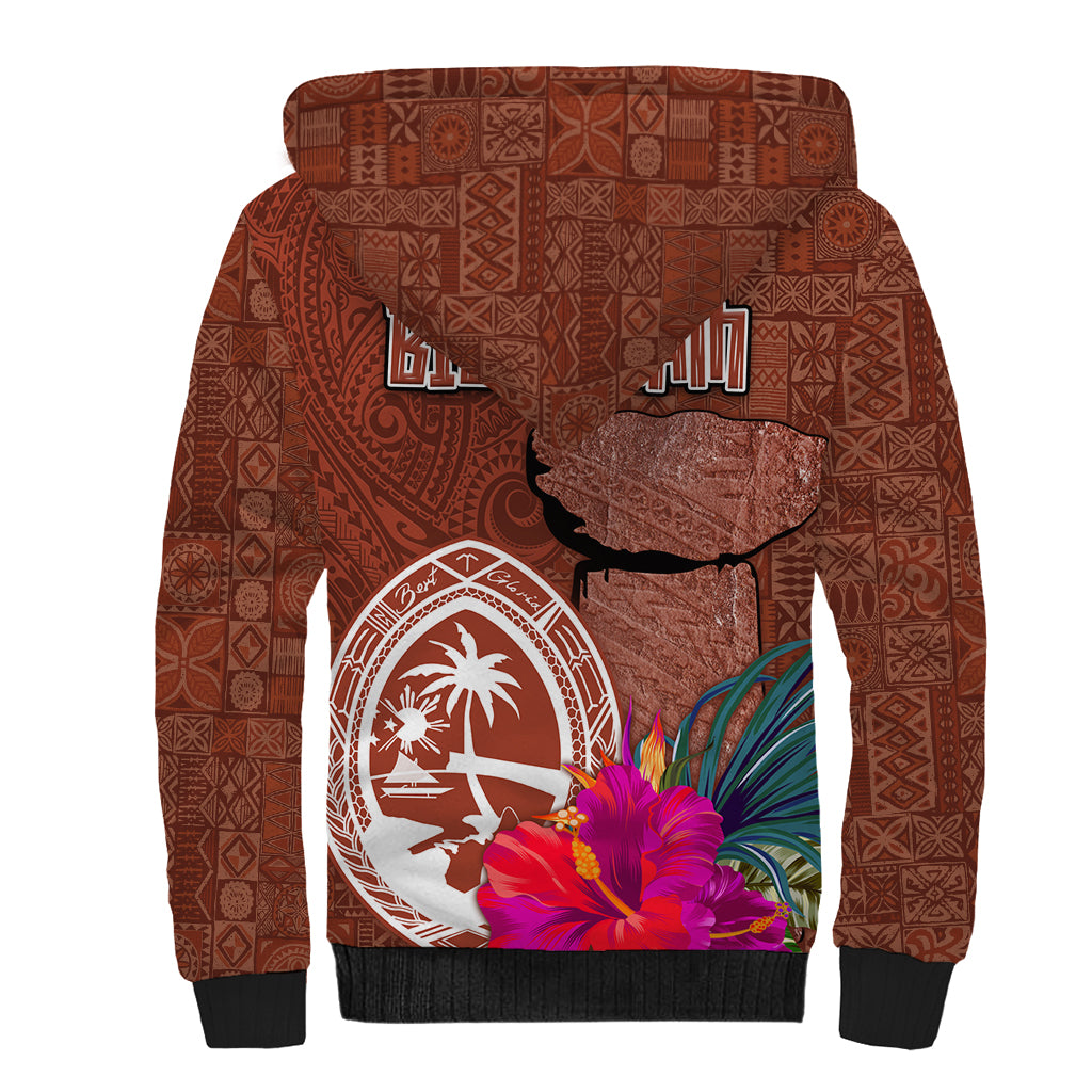 Chamorro Biba Guam Sherpa Hoodie Latte Stone Tribal and Hibiscus Flower Tapa Pattern