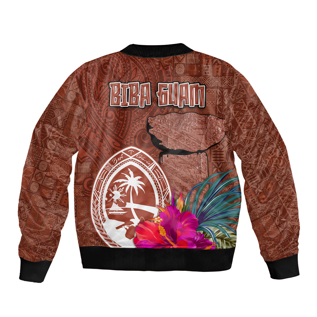Chamorro Biba Guam Sleeve Zip Bomber Jacket Latte Stone Tribal and Hibiscus Flower Tapa Pattern