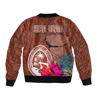 Chamorro Biba Guam Sleeve Zip Bomber Jacket Latte Stone Tribal and Hibiscus Flower Tapa Pattern